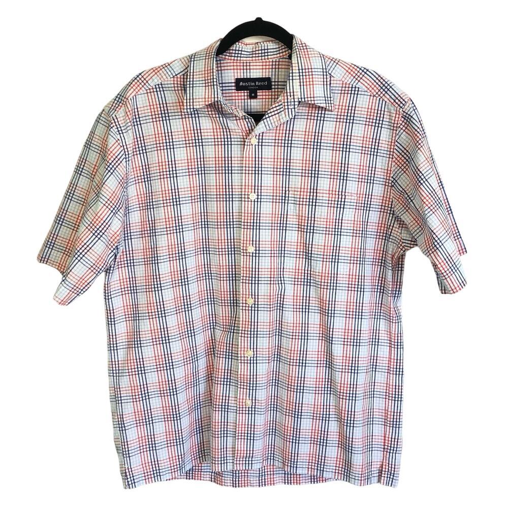 VTG Austin Reed London Size Medium Striped Button Down Shirt Red Blue White